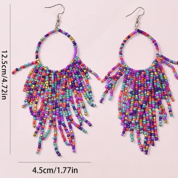 2/$40 NEW Western Hippie Barbiecore Colorful Beaded Hoop Earrings-(#0108) - Picture 3 of 4